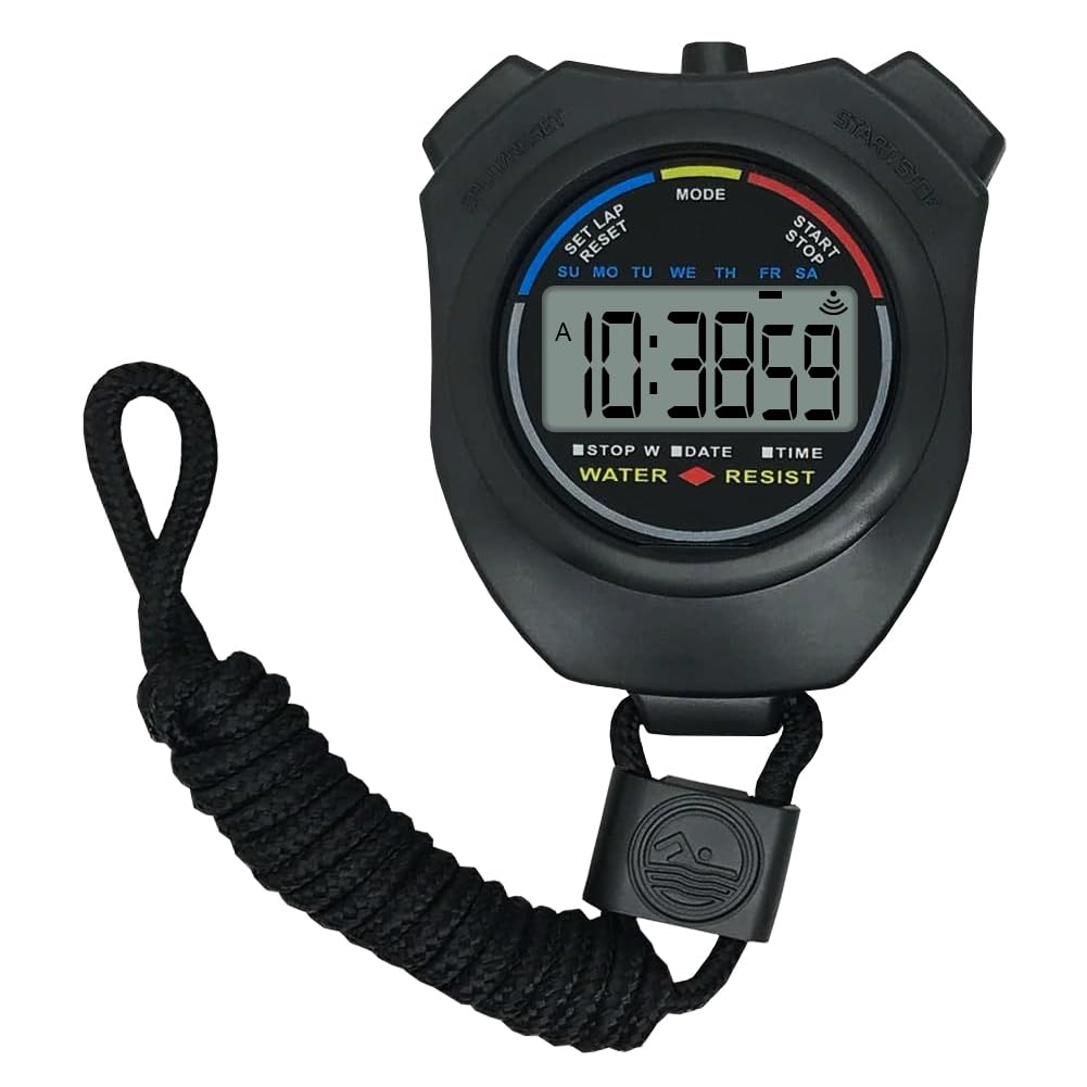 Stopwatch-Digital Water-Proof Stop Watch, Swimming Watch, Multifunctional Sports Stopwatch for Swimming, Running, Basketball, and Football, LCD Display Chronograph with Alarm Clock (Black)