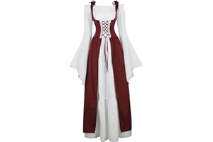 Lehauya Womens Renaissance Costume Medieval Irish Over Dress and Trumpet Sleeves Chemise Boho Set