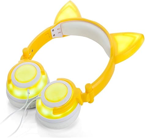 Amazon Co Jp ファッションの女の子のかわいい猫の耳のヘッドホン ゲーム ヘッドセットの携帯電話充電式led光コンピュータのためのステレオ ヘッドフォンのための 黄色 家電 カメラ