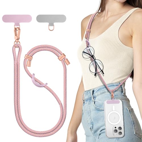 SURPHY Mobile Phone Cord, Hanging Strap Lanyard with 2 Durable Patches, Adjustable Neck Straps, Multifunctional Chain Compatible with Most Cases, Pink and Purple