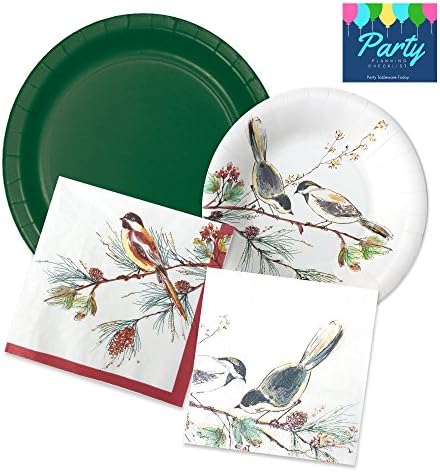 Winter Bird Song Christmas Party Supplies for 16 Guests - Paper Plates, Napkins