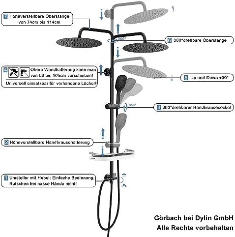 Columna Ducha sin Grifo, Set Ducha de Altura Ajustable Conjunto Ducha Acero Inoxidable con Alcachofa y Cabezal Ducha lluvia D20cm, XXL Estana Negro