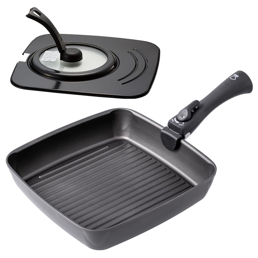 アイメディア(Aimedia) 魚焼きパン フライパンセット 3点 (スクエアパン/蓋/脱着ハンドル) グリルパン 魚焼きグリル ホットプレート 着脱式取っ手 チタンシェフ 取っ手が取れる IH対応 ガス火対応 オーブン対応商品画像