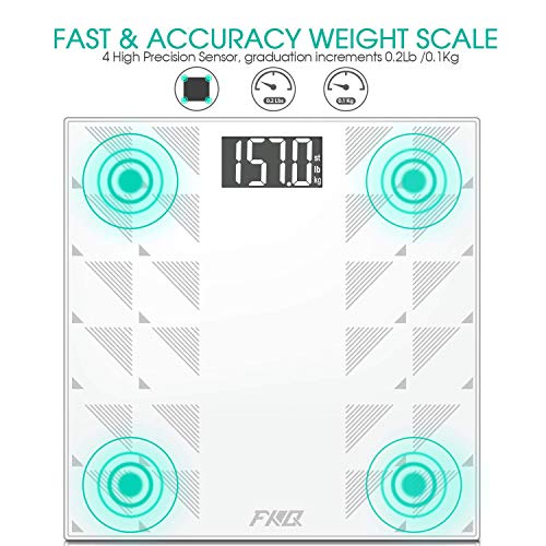 Digital Body Weight Bathroom Scale, FXQ High Precision Sensor Digital Bathroom Scale with Large Blue LCD Backlight Display, 8MM Shatter-Resistant Tempered Glass and Body Measuring Tape (White)