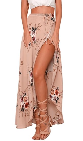 Rock lang unregelmäßiger Slits Röcke mit Blumendruck Damen boho Chiffon Sommer Strand Maxirock Festlich Cocktail Langrock