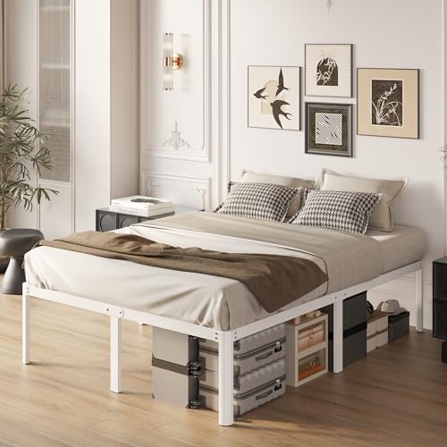 Yicensen Base Cama Queen de 46 cm de Altura, Metal Base Queen Size con Patas Redondeadas de Esquina, Plataforma Resistente Cama Muy Resistente Fácil Montaje, Sin Ruido, No Necesita Somier, Blanco