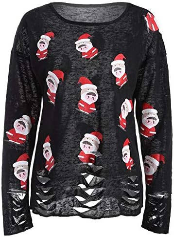 Simayixx Women Christmas Clothing Women's Fashion Hollow Bottom Xmas Santa Elk Print T Shirt Blouse Tops Plus