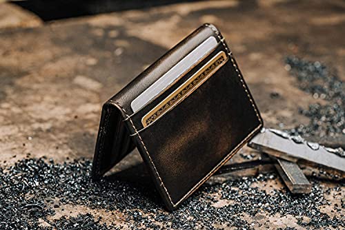 HoJ Co. Slim Card Wallet | Bifold Card Case | Full Grain Leather With Burnished Finish | Front Pocket Wallet | Minimalist Credit Card Holder (Black)