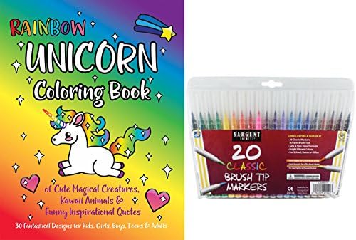 Rainbow Unicorn Coloring Book: of Cute Magical Creatures, Kawaii Animals, and Funny Inspirational Quotes, 20 Sargent Art Firm Brush Tip Marker Pens, Gift Set, Color and Laugh Your Way to Less Stress!