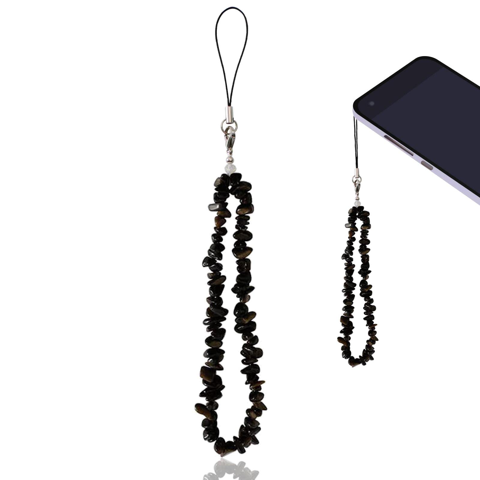 1 Pcs Beaded Charm, Crystal Wrist Strap, Lanyard Wrist Strap, Natural Gemstone Charm, Anti-Lost Handmade Crystal Phone Chain Keychain (Black)