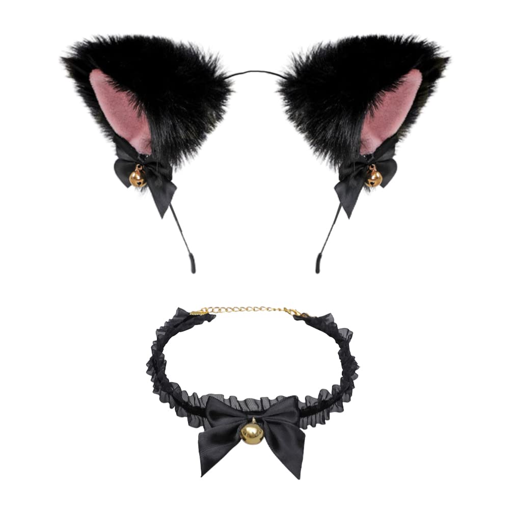 SOLUSTRE Animal Faux Fur Cat Ears Headband with Bells Lovely Black Lace Necklace Collar Perfect Couple Flirting Petplay Kit Set for Halloween Cosplay Party Women Girls Adult, Set of 2