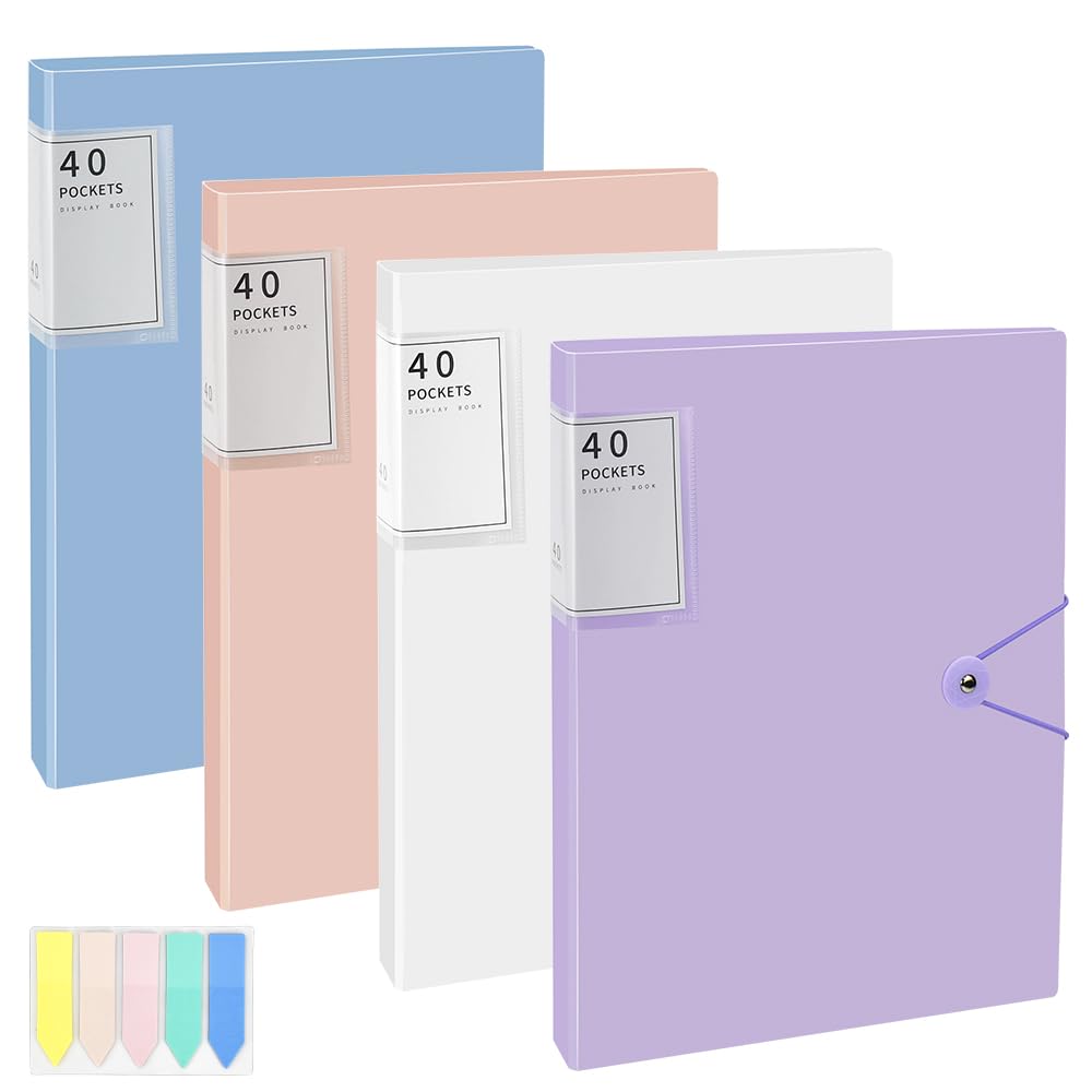 KARBAG A4 Display Folders, 4 Pack 40 Pockets Display Book Document Clear Folders with Plastic Sleeves & Safety Rope, Presentation Folders Document Project Folder for School & Offices(4 Colors)