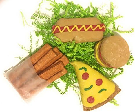 July 4th Independence Day Gourmet Dog Treats All American Feast (Fast Food) made with Honey Oat Biscuits with yogurt icing: Hamburger, Pizza, French Fries, Hot dog