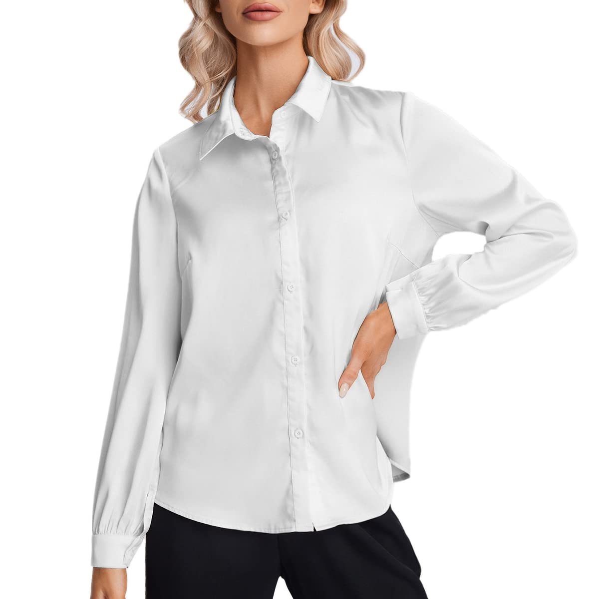 MakeMeChic Women's Satin Silk Long Sleeve Blouse