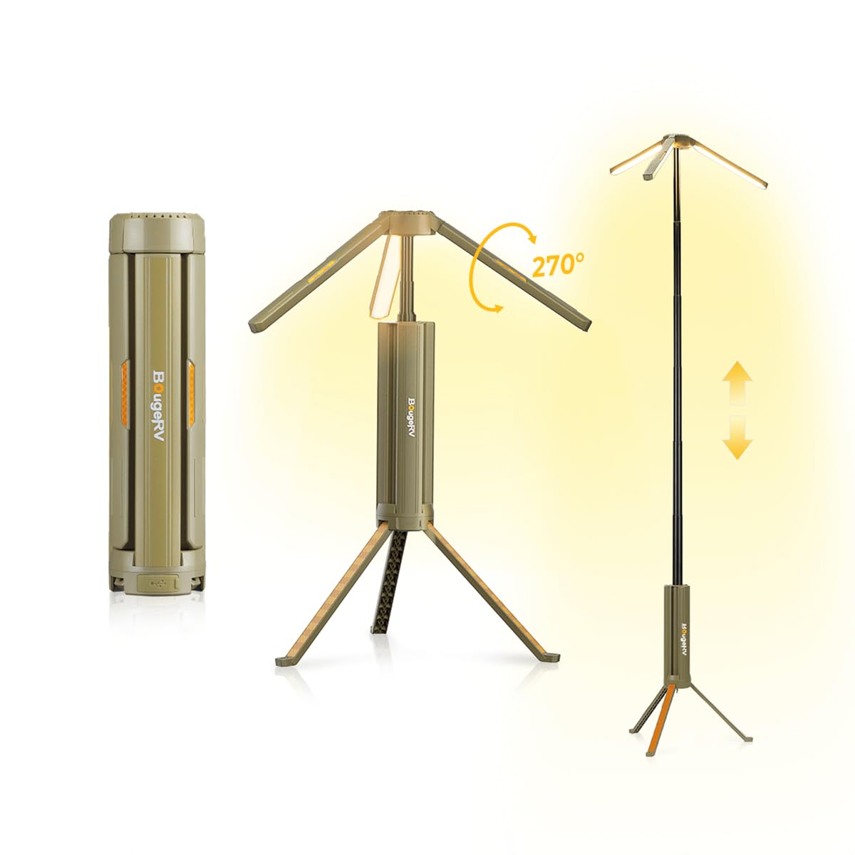 BougeRV ledライト キャンプランタン 三脚付き ledランタン 充電式 投光器 照明方向調節 折りたたみ可能 15600mAH大容量バッテリー内蔵 スタンド付き 自立可能 高さ調整 調光可能 2色切替 コンパクト 持ち運びに便利 IP54防水防塵 アウトドア ライト キャ