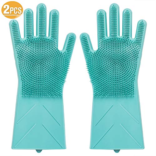 Magic Silicone Gloves wash Scrubber Gloves Reusable Cleaning Brush Gloves Heat Resistant Scrub Rubber Glove for Dish Washing Cleaning Kitchen Household Washing The Car Pet Hair Care (Green)