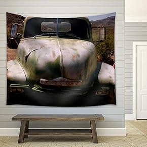 Route 66, Abandoned Car - Fabric Wall Tapestry Home Decor - 51x60 inches