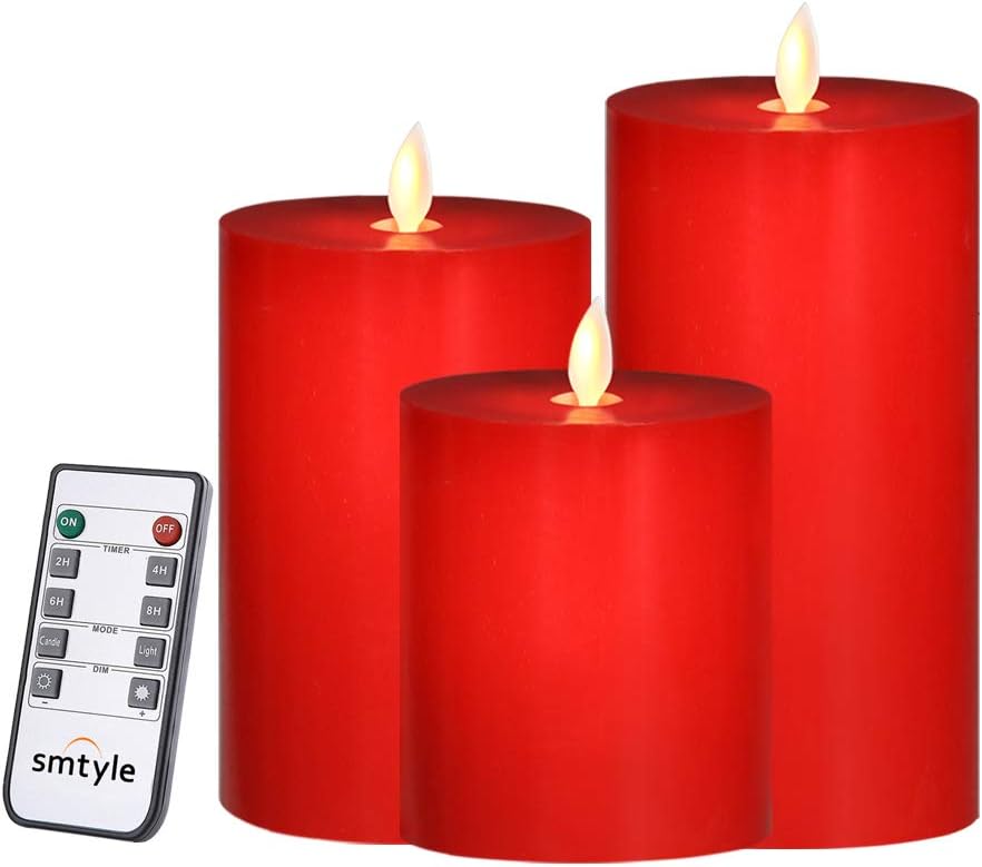 Amazon Com Smtyle Red Flameless Candles For Christmas Decor With Remote And Timer Battery Operated With Moving Flame Wick Flickering Led Pillar Candle Home Improvement