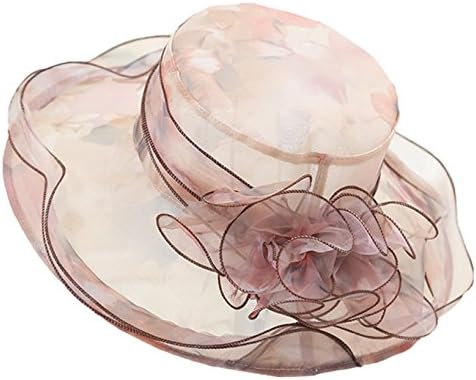 IL Caldo Women's Fascinator Flowers Wide Brim Gauze Hat Headdress Kentucky Derby Church Dress Sun Hat (One Size, Light Coffee)