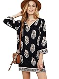 Floerns Women's Bohemian Neck Tie Floral Print Ethnic Style Shift Dress,Navy Blue,S