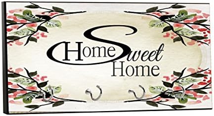 Home Sweet Home on Floral Watercolor Print - 5" by 11" Key Hanger Rack - Household Decoration with Four Silvertone Hooks