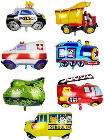 Car Balloons Aluminum Foil For Car Birthday Party Decoration Vehicle Transportation Theme Party Supplies Includes Construction Truck Train Tank Police Car Ambulance Fire Truck School Bus Pack of 7
