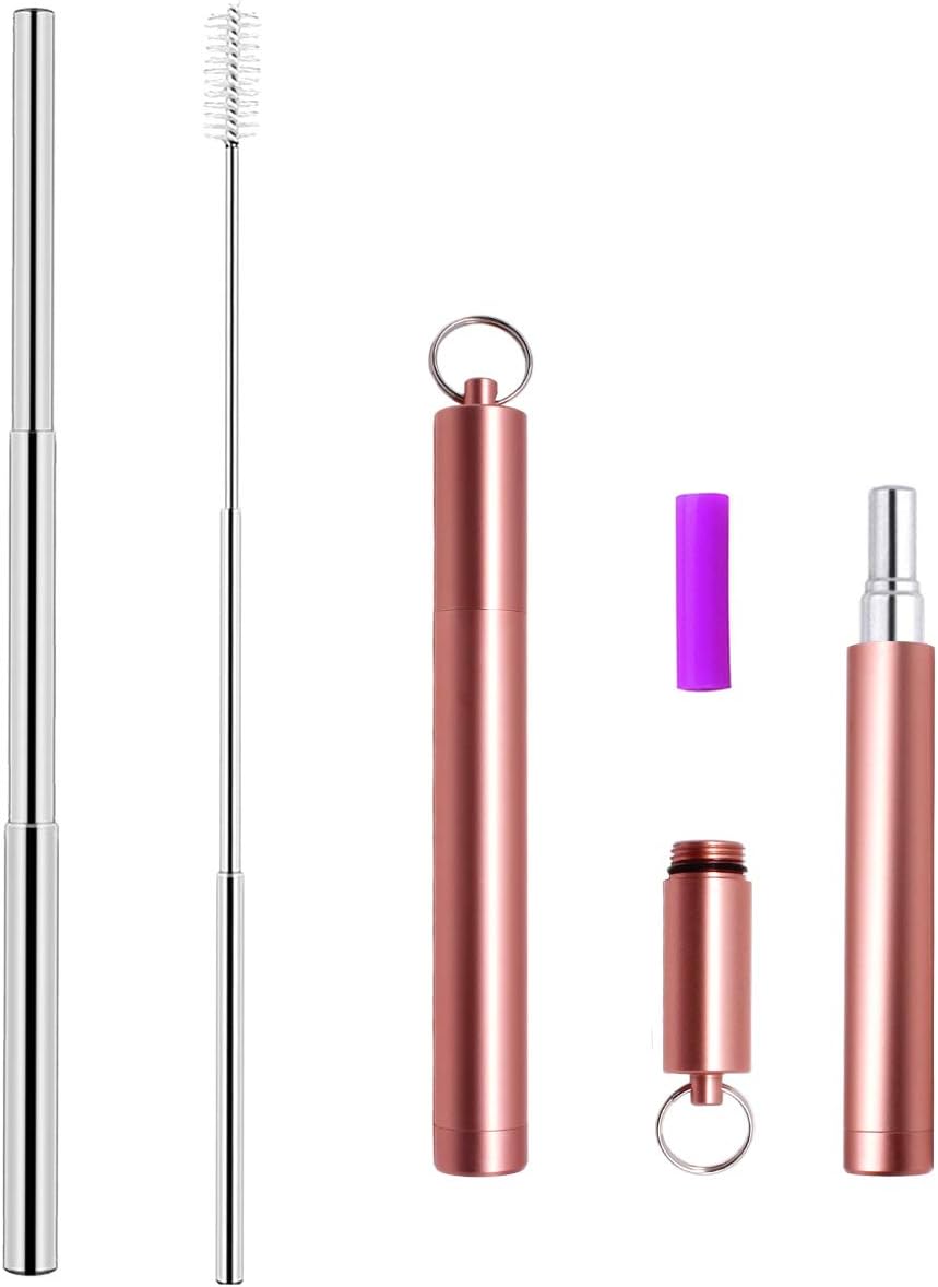 Telescopic Metal Straw Collapsible Collapsable Straw Reusable Straws with Case Keychain Portable Stainless Steel Length Adjustable Retractable Straw Rose Gold