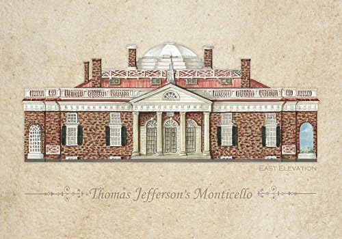 THOMAS JEFFERSON'S MONTICELLO - ARCHITECTURAL RENDERING by CHUCK FISCHER --- EAST ELEVATION - Printed on Highest Quality Acid-Free Watercolor Paper -- 14 in. by 20 in.