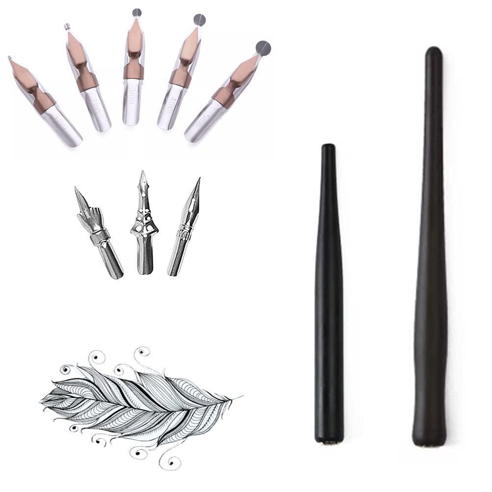 MiaLover Pack of 10 Nib Set, Feather Holder with Drawing Nib for Comics, Nib Holder with 2 Black Wooden Pen Holders, 8 Nibs for Cartoon and Artists