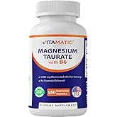 Vitamatic Magnesium Taurate 1500mg per Serving - 180 Vegetarian Capsules (Provides 300 mg of Elemental Magnesium) - Added B6 for Maximum Absorption - Supports Muscle, Joint, and Heart Health*