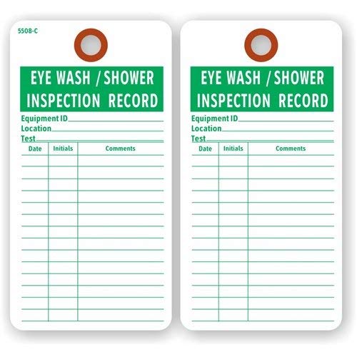Eye WASH/Shower Inspection Record (2-Sided), 3" x 5.75", Green Print on White 13 Pt. Cardstock w Reinforced Hole - Pack of 100 Tags
