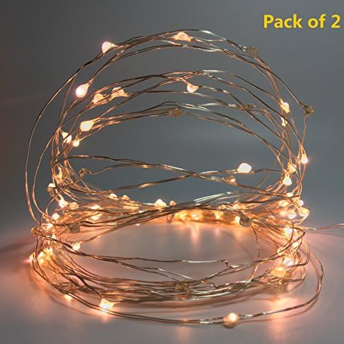 Pack 2 Mini Fairy Lights with CSA US Listed Adaptor Powered, Indoor Starry String Lights for Party Decoration Total 200Leds 50FT Silver Wire(Warm White)