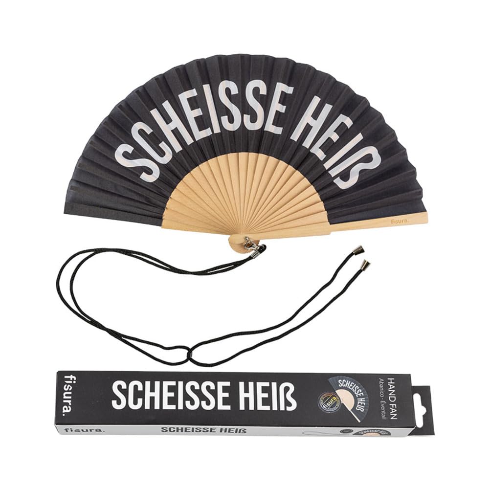 Fisura - Original handheld folding fan with the message in message in Italian and German wooden fan. Original holding Hand Fans. Fan with hanger included (Heir, black)