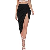 WDIRARA Women's Skirts Split Thigh Front Satin Skirt High Waist Ruched Zip Back WrapMidi Skirt