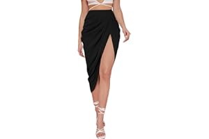 WDIRARA Women's Skirts Split Thigh Front Satin Skirt High Waist Ruched Zip Back WrapMidi Skirt