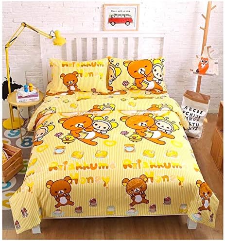Peachy Baby Featuring Rilakkuma Bedding Sheet Set Single Queen Double Twin Full Size 【Free Express Shipping】 【100% Cotton】 Bear Kaoru Cartoon Girly Yellow 3 and 4 Pieces Bed Sheets (Queen Size)