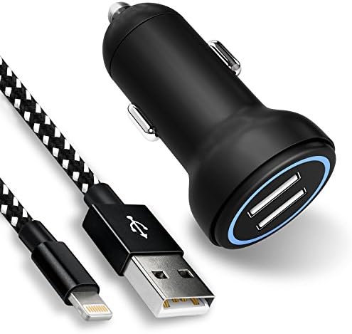 GUIGUI iPhone Car Charger, 17W 3.4A Rapid Dual Port USB Car Charger Adapter with LED Indicator Light and 3FT Lightning USB Cable Charging Cord for iPhone X 8 7 Plus 6S 6 SE 5S 5, iPod (Black White)