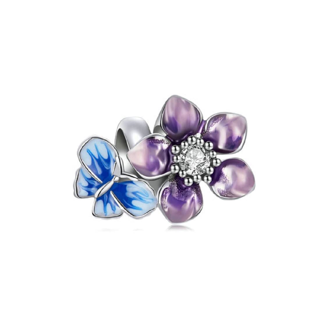 FeatherWish Sterling Silver 925 Blue Butterfly Insect And Flower Daisy Orchid Bloom Garden Home Bead Charm With Enamel & Cubic Zirconia Fits And Compatible With Pandora Bracelets Gift Mum Sister