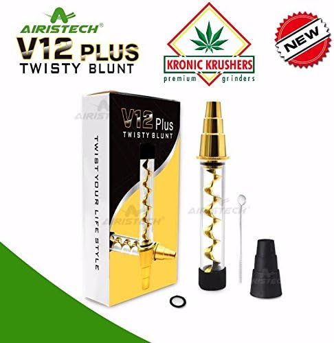 Kronic Krushers V12 Twisty Glass Blunt Kit {Black} For Dry Herbs Tobacco Spices Cigarette Paper | Cleaning Tool and 1oz Airtight UV Light Protection Tobacco Stash Jar Included