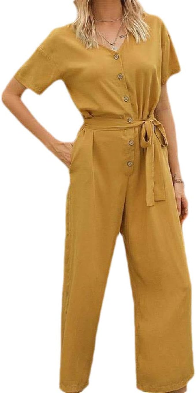 Amazon Cheelot 女性のボタン付き純粋な色チュニックvネックファッションオフィスジャンプスーツ ワンピース チュニック 通販