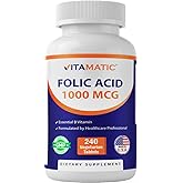 Vitamatic Folic Acid 1000 mcg (1 mg), 240 Vegetarian Tablets | Vitamin B9 | 1667 mcg DFE Folate, Support Healthy Cell Growth*, Red Blood Cell Formation*, Gluten Free, Made in USA