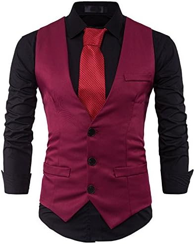 Jwhui Mens Suit Vest Sleeveless Male Waistcoat Slim Fit Vest Waistcoat Wedding Social Blazer B3696 Wine Red XL