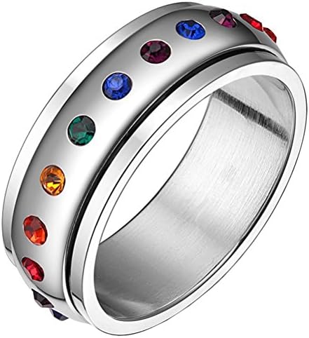 LANHI 8MM Unisex Stainless Steel Rainbow Cubic Zirconia Inlay Fidget Spinner Ring Band