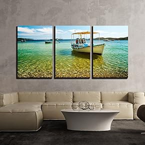 3 Piece Canvas Wall Art - Colorful Boat in Skiathos Island, Greece - Modern Home Art Stretched and Framed Ready to Hang - 16"x24"x3 Panels