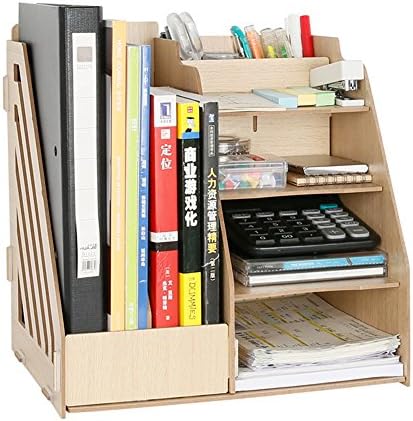 Yiliay Wooden Desk Supplies Tidy Office Storage Box Desktop Organizer Rack File Dividers-Wood