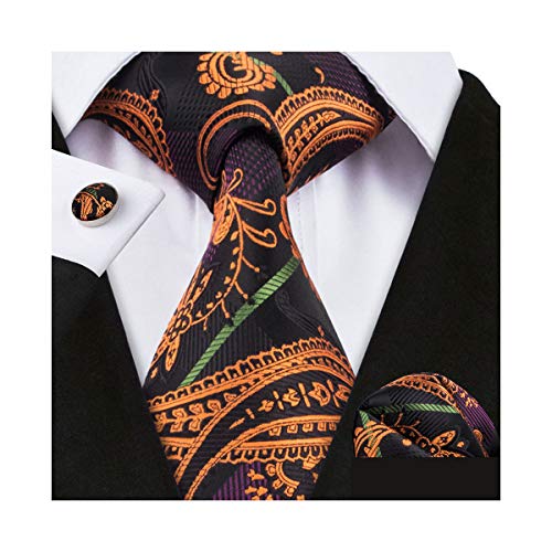 YOHOWA Mens Orange Black Silk Tie Pocket Square Paisley Necktie Cufflinks Set - Thumbnail 5