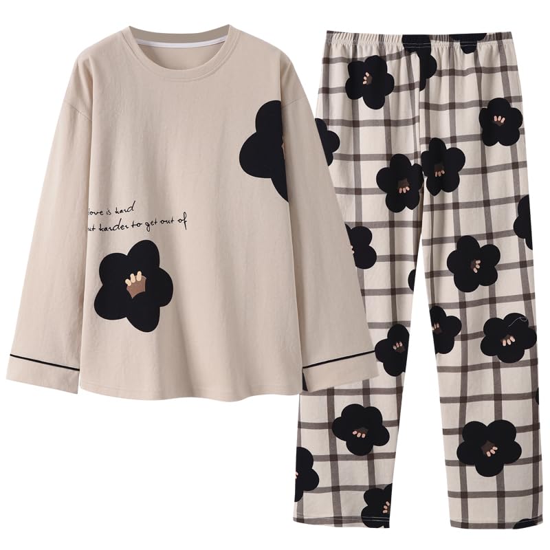 Women's Pajamas, 100% Cotton, Loungewear, Loungewear, Women's, Plain, Autumn, Spring, Long Sleeve, Round Neck, Loose, Skin Friendly, Top and Bottom Set