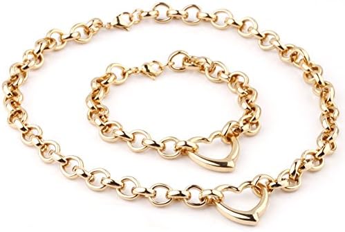 10mm Stainless Steel Womens Girls Gold O Chain Heart Necklace Bracelet Jewelry Set, 9.25"and 17.7"