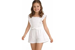 Zunie Girls' Romper with Smocked Bodice, Ruffle Cap Sleeves, Lightweight Casual Outfit