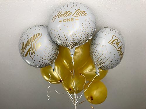 3 Gold &amp; White Baby Shower Balloons + 5 gold latex balloons | Unisex: Oh Baby, Hello Little One &amp; Mamma Mia, 18 inch round mylar / foil. Hospital reception, baby shower decoration by RainTraders